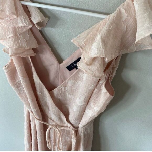 Lulus Blush Pink Jacquard High-Low Wrap Prom Bridesmaid Maxi Dress, Size small - Picture 3 of 9